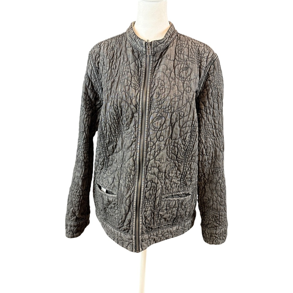 Chico's Reversible Quilted Jacket Women Size 2 Gold Leopard Gray Full Zip Mock - Picture 2 of 16